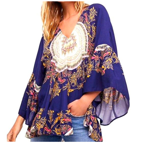 Free People Tops - Free People Bohemian Tunic Top Size S V-Neck High Low Flare Sleeve Sunset Dreams